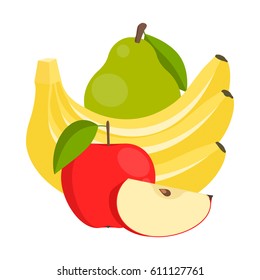 ripe pear, bananas and red apples on a white background. vector illustration.