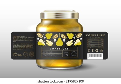 Ripe Pear confiture. Sweet food. Black label with whole pears, halves, cut fruits and gold leaves. Glass jar with label mockup.