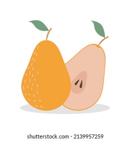 Ripe pear fruit and half a pear. Isolated on white background.