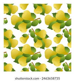 Ripe pear with green leaves on tree branches. Seamless abstract pattern on a white background. Wrapping paper, packaging, poster, textile, vector illustration
