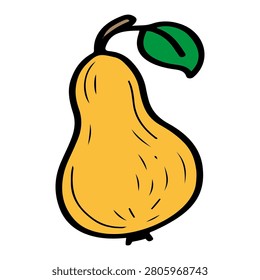 Ripe pear. Hand drawn vector flat. Juicy fruit. Fresh food. Vegetarian diet. Farm organic vegetable. Vitamin snack. Sweet dessert. Color illustration.