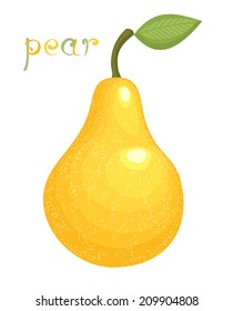 Ripe Pear. Illustration of big fresh tasty yellow pear with leaf. Clip art with title. Isolated on white. Vector file is EPS8, all elements are grouped.