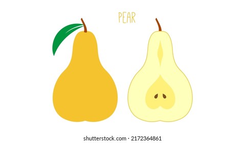 Ripe pear with leaf and core outside and cut isolated on white. Colored fruit icon. Vector illustration.