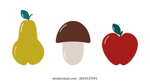 Ripe Pear Mushroom and Apple Han drawn Colorful Autumn fruits Design Minimalistic Elements idea Set