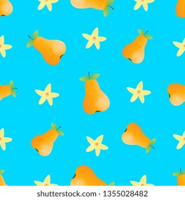 Ripe pear and vanilla flower seamless pattern.