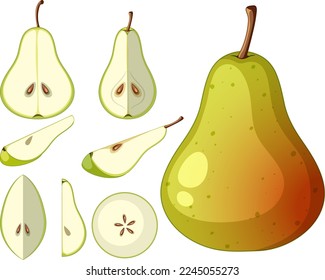 Ripe pear and pear in whole or chopped pieces illustration
