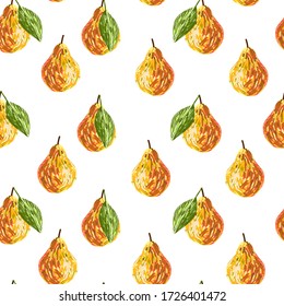 ripe pears, botanical illustration, isolated vector seamless pattern, for textile, fabric, wrapping paper, surface, banners. white background