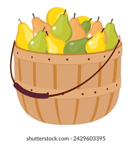 Ripe pears of different colors in a wicker basket with a handle. Farmer's harvest of pears in a container. A fruit basket with ripe pears. Vector illustrated clipart.