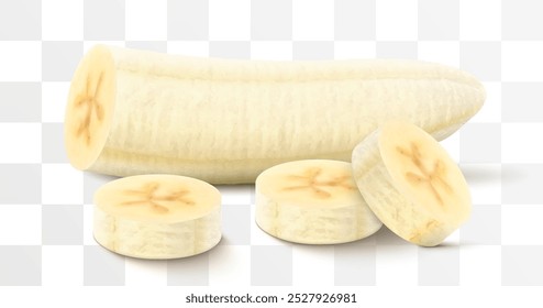 Ripe peeled sliced banana isolated on transparent background. Tropical exotic banana fruit with soft, creamy flesh. Food with high potassium content and sweet flavor. Realistic 3d vector illustration.