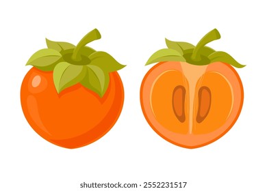 Fruta de caquis madura sobre fundo branco. Caquis inteiros e cortados. Ilustração