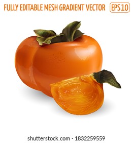 Ripe persimmon with a slice on white background.