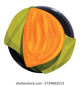 Fatia de caquis maduros servida em folhas verdes e prato preto, representando uma alimentação saudável e sabores de outono
