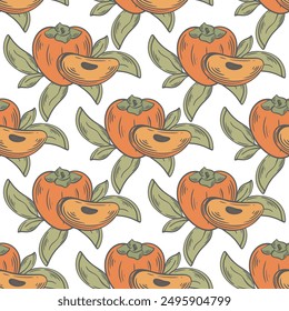 Ripe persimmon whole fruits and parts seamless pattern. Vintage engraving background with fresh orange fruits and leaves. Healthy organic food print for product packaging design, paper, vector 