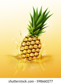 Ripe pineapple drop on juice splash and ripple, Realistic Fruit and yogurt, transparent, vector illustration