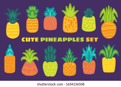 Ripe pineapple hand drawn vector illustrations set. Juicy tropical fruits doodle drawings pack
