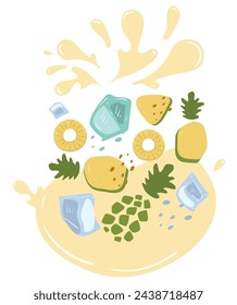 Ripe pineapple and ice cubes with splashes of juice. Vector illustration of organic fruit juice. Eco label concept for natural pineapple flavor with ice. Design of vape, juice, smoothie.