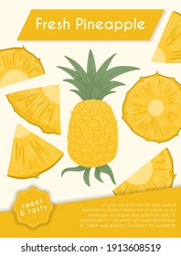 Pineapple maduro con plantilla de tarjeta de hojas. Piezas dulces de piña vectorial diseño de afiches dibujado a mano. La fruta tropical deliciosa y brillante. Banner de jugo o mermelada.