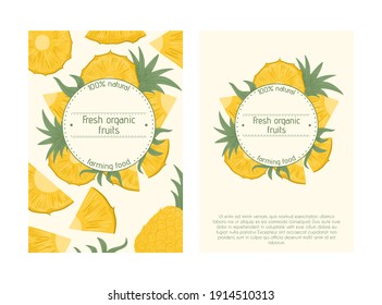 Pineapple maduro con plantilla de tarjeta de hojas. Piezas dulces de piña vectorial diseño de afiches dibujado a mano. La fruta tropical deliciosa y brillante. Banner de jugo o mermelada.