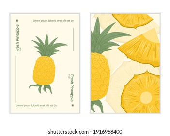Ripe pineapple with leaves card template. Sweet pineapple pieces vector hand drawn poster design. Bright tasty tropical fruit. Juice or jam banner element.