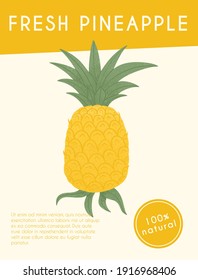 Ripe pineapple with leaves card template. Sweet pineapple fruit vector hand drawn poster design. Bright tasty tropical fruit. Juice or jam banner element.