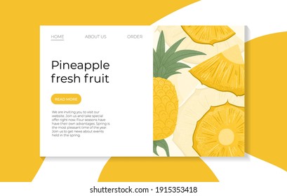 Ripe pineapple with leaves landing page template. Sweet pineapple pieces vector hand drawn website design. Bright tasty tropical fruit. Juice or jam web banner element.