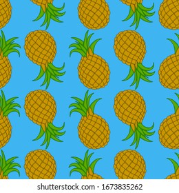 Piña madura sobre fondo azul. Patrón veloz. Estilo de caricatura. Diseño para estampas de verano de moda, textiles, prendas de vestir, álbumes de regalo, tarjetas.