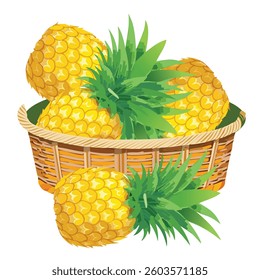 A ripe pineapple placed in a woven basket, surrounded by its leafy top and natural texture