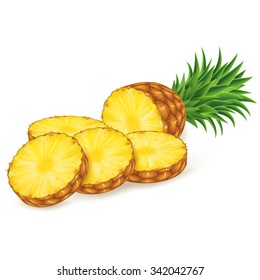 Ripe pineapple with slices isolated on white background. Vector illustration for decorative poster, emblem natural product. Concept for farmers market. Perfect for packaging design of cosmetics, food.