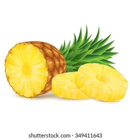 Ripe pineapple with slices isolated on white background. Vector illustration for decorative poster, emblem natural product. Concept for farmers market. Perfect for packaging design of cosmetics, food.