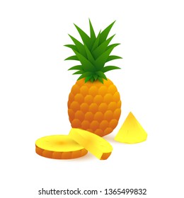 Ripe pineapple and slices. Whole pineapple on white background. Can be used for topics like summer, nutrition, fruit