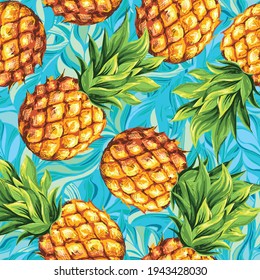 Ripe pineapples on a background of fresh tropical palm leaves. Seamless vector pattern. Season spring summer 