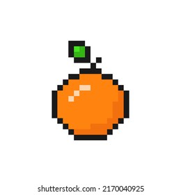 Ripe pixelated orange with leaf. Juicy tropical fruit with sweet pulp for desserts and vector juice