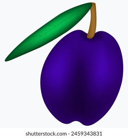Ripe plum with green leaves on transparent background. Quality photo-realistic vector illustration of plum fruit