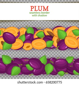 Ripe plum Horizontal seamless borders. Vector illustration card. Wide and narrow endless strip with Juisy plums fruits with shadow transparent whole and slice, leaf. Infinite fruit border.