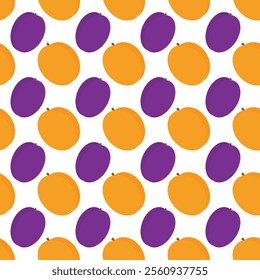 Ripe plums and apricots Seamless pattern in trendy summer shades. Fruit wallpaper or background idea