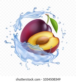 Ripe plums with green leaves in water splash Vector icon illustration