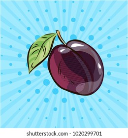 Ripe plums on a blue background, dots, lines. Vector illustation. Hand drawn. Pop art