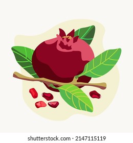 Ripe pomegranate and a branch with green leaves on a light background. Vector illustration for postcard, banner or other uses.