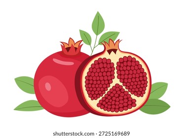 Fruta romã madura em design plano sobre fundo branco.