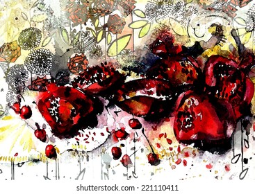 Ripe pomegranate fruit, watercolor illustration