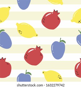 Ripe pomegranate fruits, lemons and plum, geometric seamless pattern on striped white and yellow background, vector. Pattern for printing on fabrics, festive and confectionery packaging, wallpaper