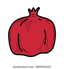 Ripe pomegranate. Hand drawn vector flat. Juicy fruit. Healthy ingredient. Dietary fresh food. Harvest. Vitamin snack. Sweet dessert. Color illustration.