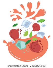 Ripe pomegranate and ice cubes with splashes of juice. Vector illustration of organic fruit juice. Eco label concept for natural pomegranate flavor with ice. Design of vape, juice, smoothie.