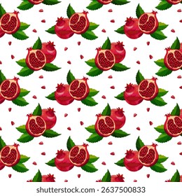 Ripe pomegranates on a white background.Vector seamless pattern with red pomegranates and leaves on a white background.