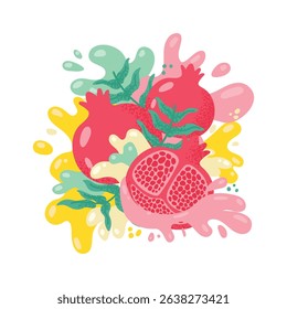 Ripe pomegranates splashing juice with colorful leaves, creating a vibrant and refreshing scene, perfect for promoting healthy eating and summer beverages