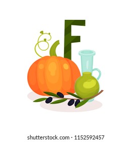 Ripe pumping, brunch of olives and bottle of oil. Products containing vitamin F. Healthy nutrition and diet theme. Flat vector design