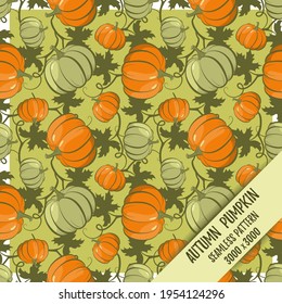 Reife Kürbis. Herbstnahtloses Muster. Juckreiz und hell in grüner und orangefarbener Farbe. Für Stoffe, Verpackungen, Designerpapier und Tapeten.