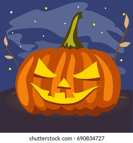 Ripe pumpkin with carved eyes and mouth. Attribute of the holiday of Halloween in the night. Poster on theme of Halloween holiday party. Cartoon vector close-up illustration.