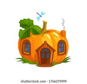 Ripe pumpkin gnome or elf house. Isolated cartoon orange pumpkin with wooden door, windows and steaming pipe. Fantasy building with green leaf on roof and flying dragonfly. Fairy gnome, elf cute house
