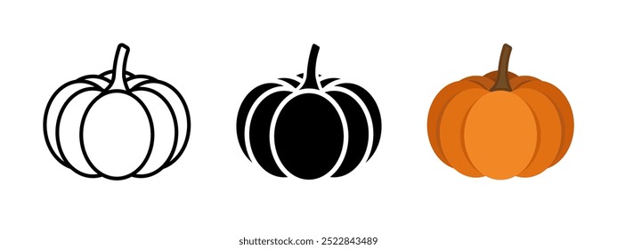 Ilustración de calabaza madura. Símbolo de la cosecha de otoño. Concepto de decoración de temporada de Halloween. Calabaza naranja con icono de tallo marrón. Signo de cultivo de calabaza de octubre. Pictograma vegetal de la historieta aislado.